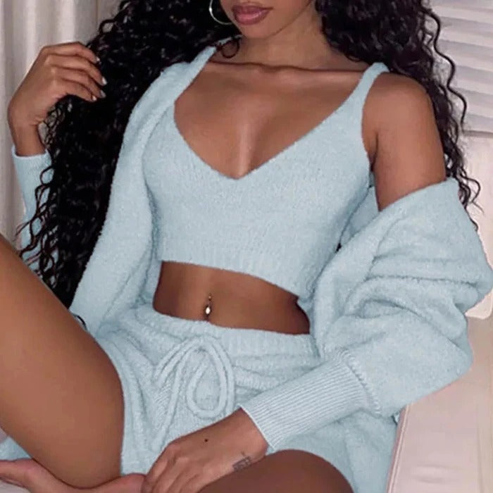 Women's 3-Piece Velvet Pajama Set | Pijama Mujer 3 Piezas | Crop Top + Tank + Shorts | S-3XL