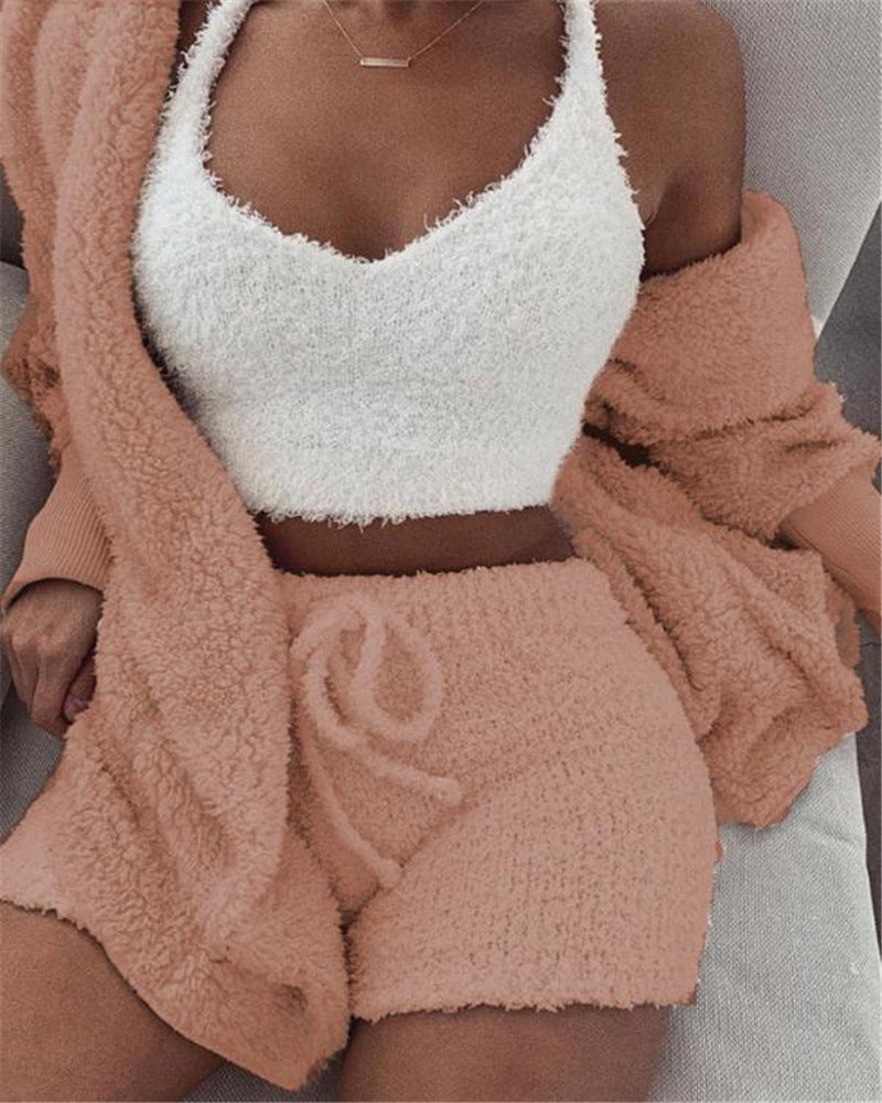 Women's 3-Piece Velvet Pajama Set | Pijama Mujer 3 Piezas | Crop Top + Tank + Shorts | S-3XL