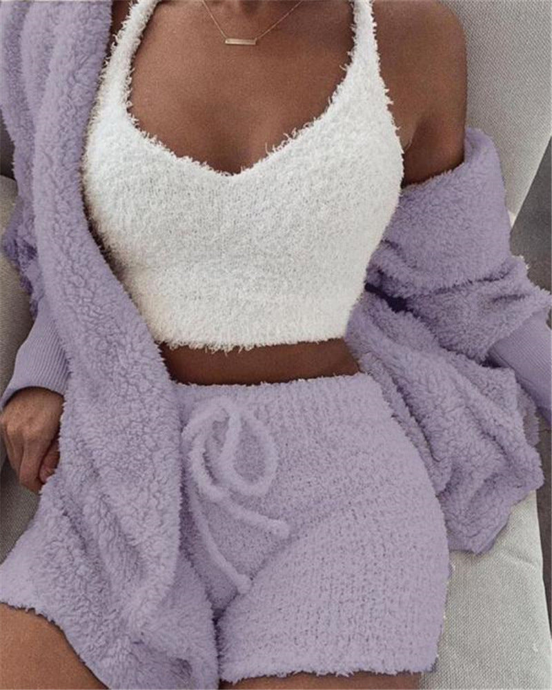 Women's 3-Piece Velvet Pajama Set | Pijama Mujer 3 Piezas | Crop Top + Tank + Shorts | S-3XL
