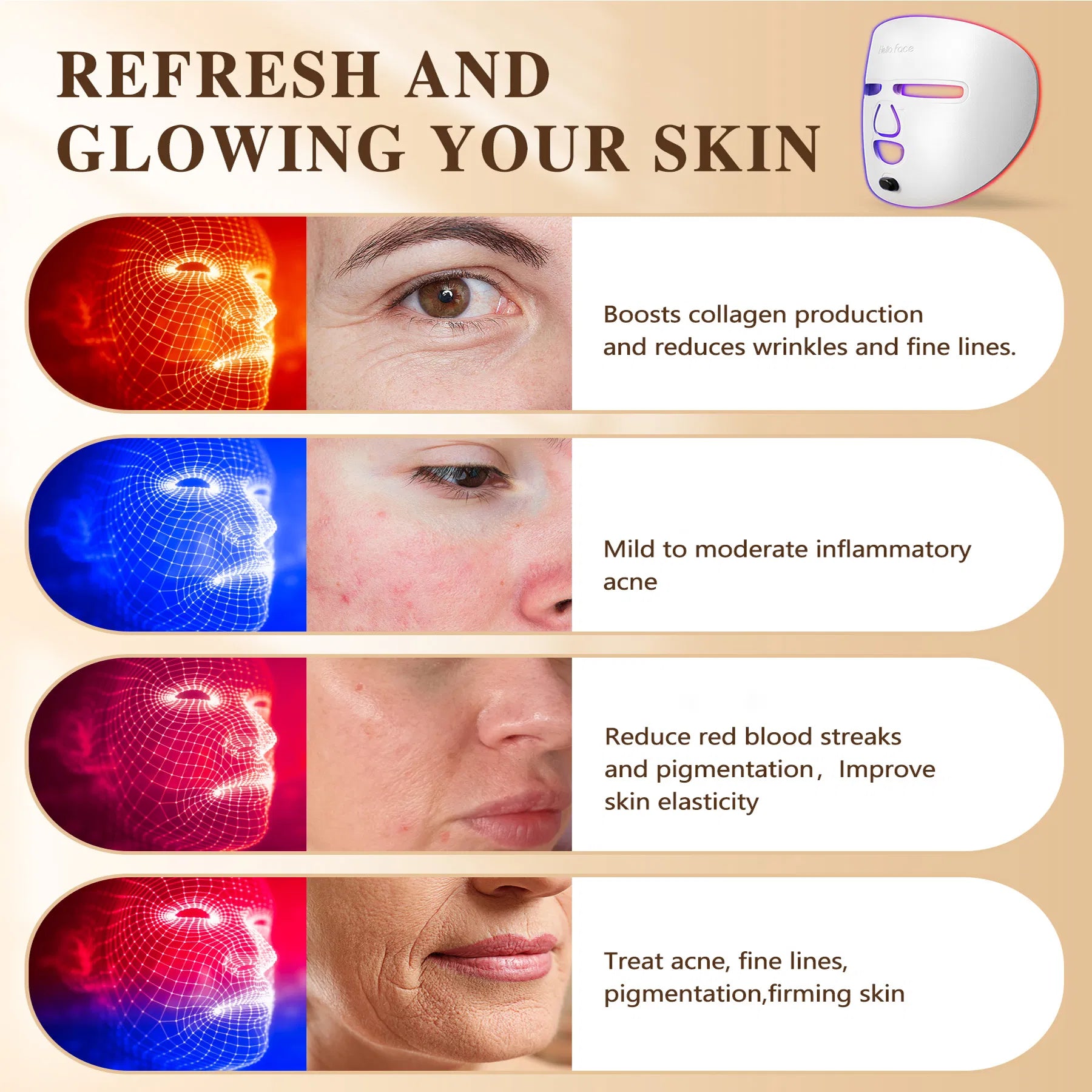 LED Red Light Therapy Face Mask – 3-Mode Skin Rejuvenation & Acne Treatment | Wireless, Rechargeable | Máscara LED de Fototerapia – Rejuvenecimiento & Tratamiento de Acné | Inalámbrica, Recargable