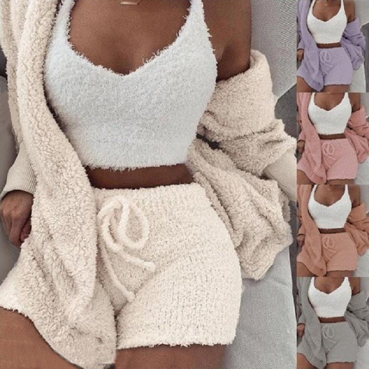 Women's 3-Piece Velvet Pajama Set | Pijama Mujer 3 Piezas | Crop Top + Tank + Shorts | S-3XL