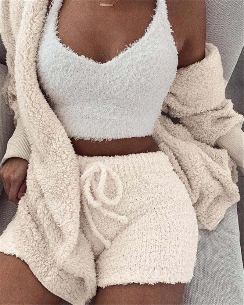 Women's 3-Piece Velvet Pajama Set | Pijama Mujer 3 Piezas | Crop Top + Tank + Shorts | S-3XL