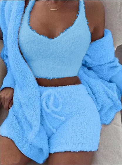 Women's 3-Piece Velvet Pajama Set | Pijama Mujer 3 Piezas | Crop Top + Tank + Shorts | S-3XL