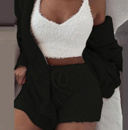 Women's 3-Piece Velvet Pajama Set | Pijama Mujer 3 Piezas | Crop Top + Tank + Shorts | S-3XL