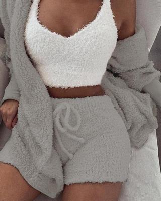 Women's 3-Piece Velvet Pajama Set | Pijama Mujer 3 Piezas | Crop Top + Tank + Shorts | S-3XL