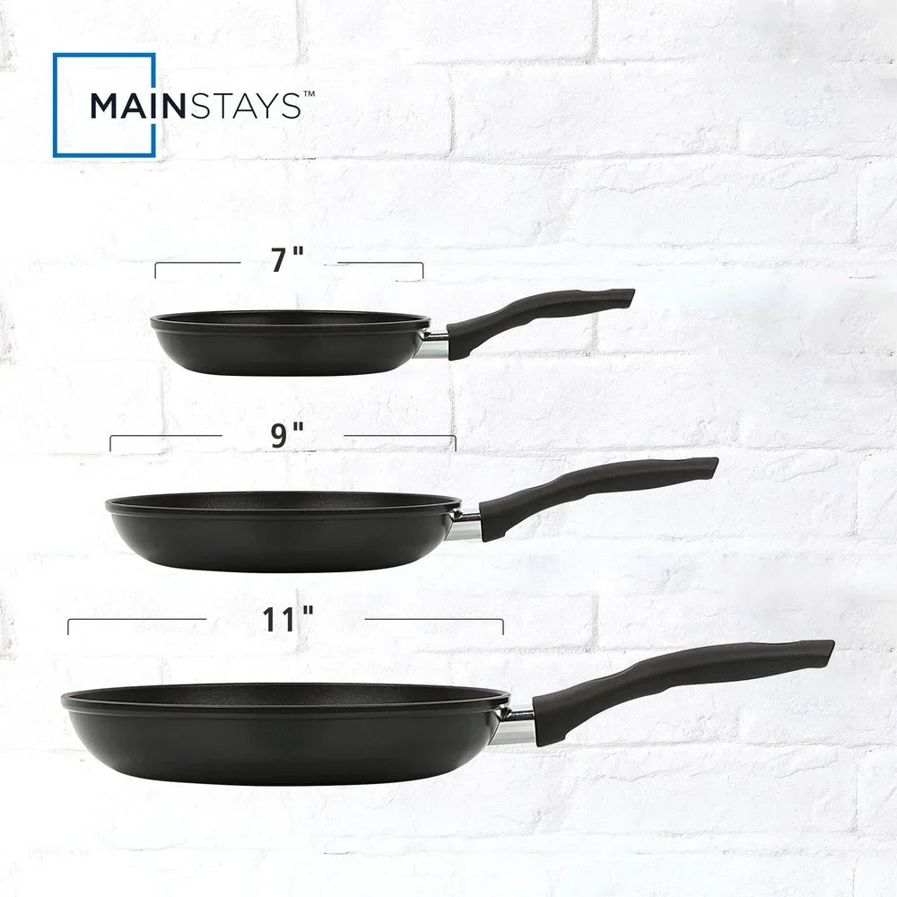 3-Piece Nonstick Skillet Set Aluminum Cookware Easy Clean Lightweight Durable Heat Evenly Dishwasher Safe Riveted Handle Kitchen